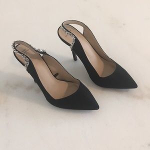 Zara Black Sling Silver Chain Suede Heels